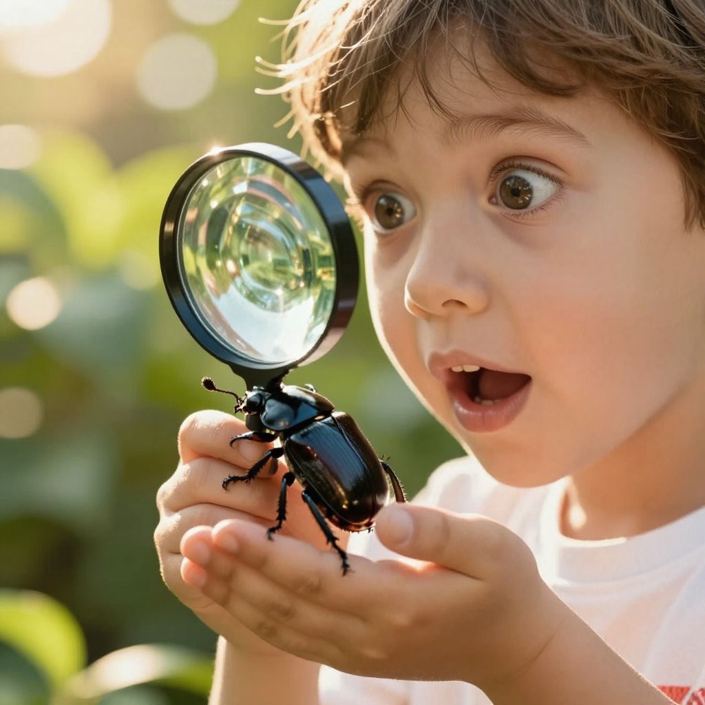Ребенок рассматривает жука через лупу