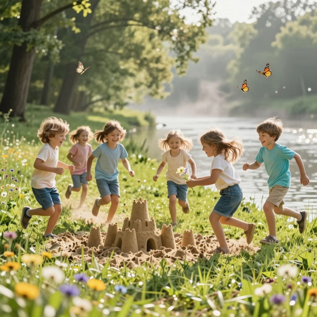 Лето, дети играют на природе