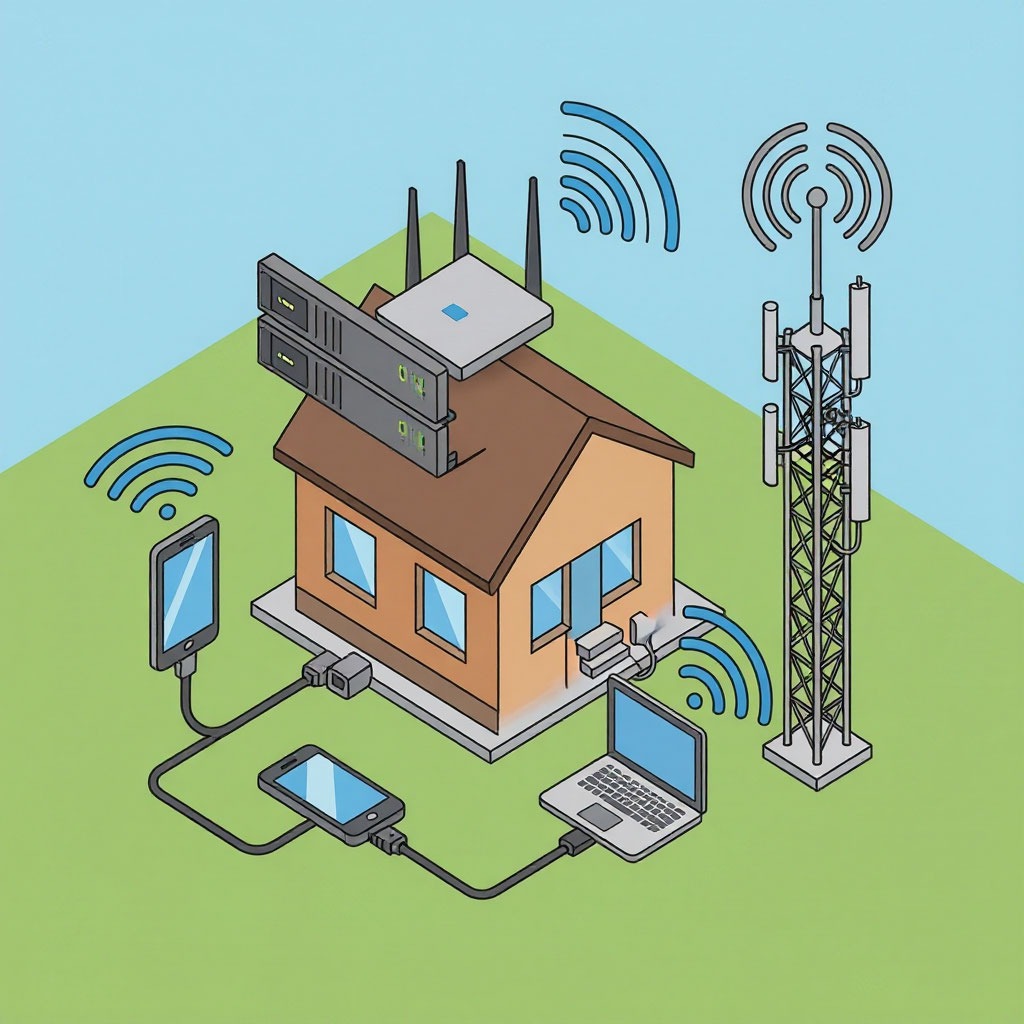 от сервера идет кабель в дом, там стоит роутер, от него волнами расходится WiFi к телефону и ноутбуку; рядом вышка сотовой связи